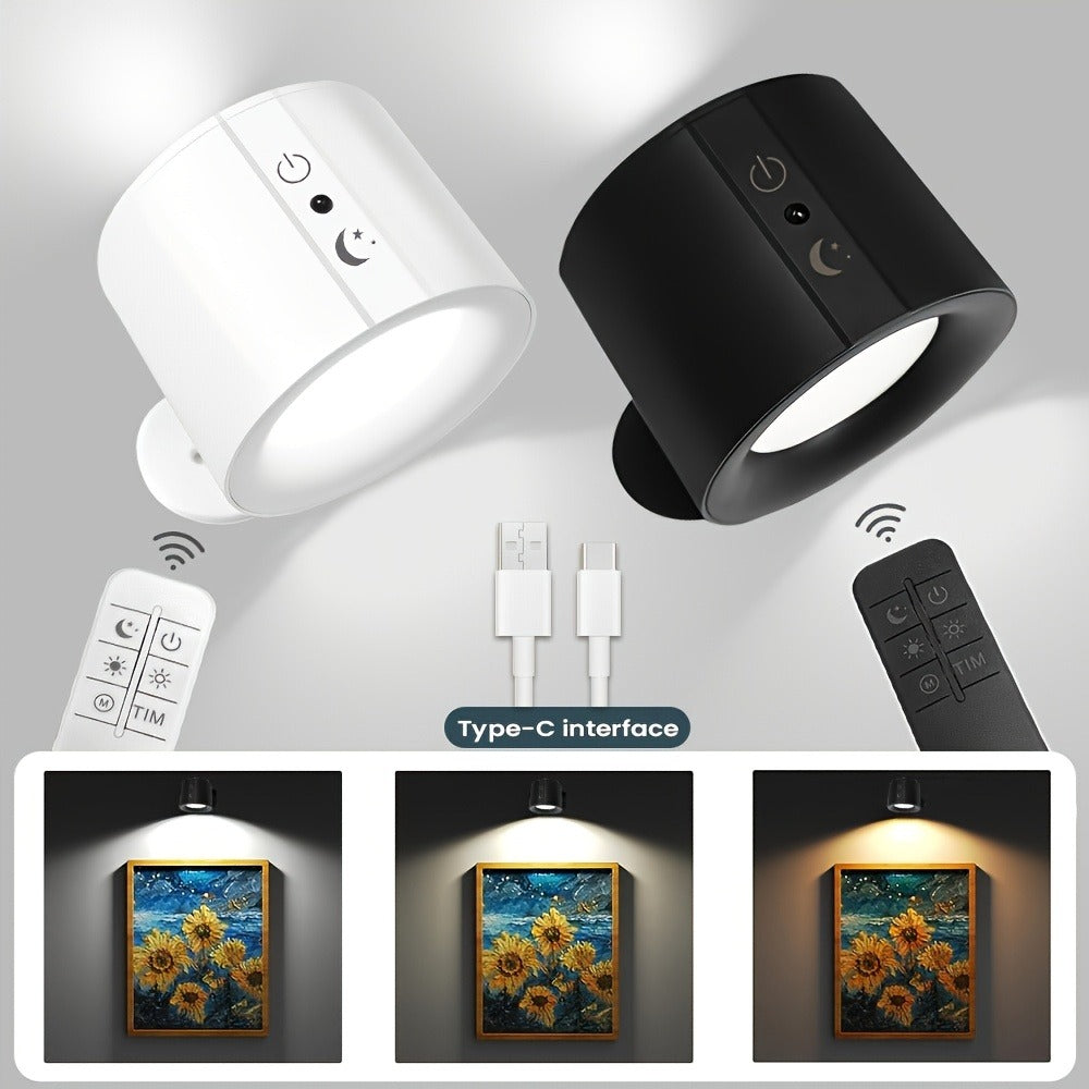 USB Rechargeable LED Wall Light 2 Pack, 360° Rotating Magnetic Ball Touch Control Reading Lamp with 3 Color Temps