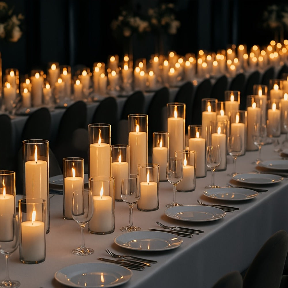 Pillar Candles with Clear Glass Hurricane Holders, Unscented White Cylinder Candles & Vases for Wedding Centerpieces