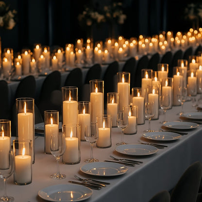 Pillar Candles with Clear Glass Hurricane Holders, Unscented White Cylinder Candles & Vases for Wedding Centerpieces