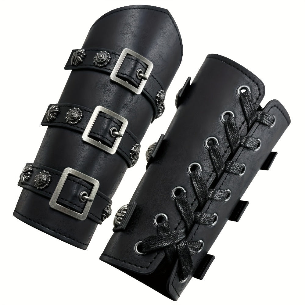 Viking Medieval Leather Arm Guards Bracers – PU Leather Knight Gauntlets Adjustable Metal Buckles Rivets for Men Women Halloween Cosplay