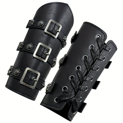 Viking Medieval Leather Arm Guards Bracers – PU Leather Knight Gauntlets Adjustable Metal Buckles Rivets for Men Women Halloween Cosplay