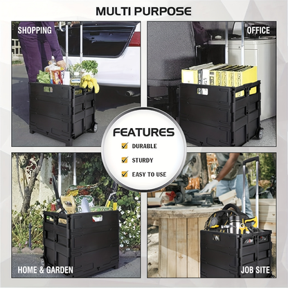 Collapsible Rolling Cart with Wheels – 80 Lbs Heavy Duty Foldable Crate on Wheels for Teachers, Shopping & Storage, Lid Doubles as Seat