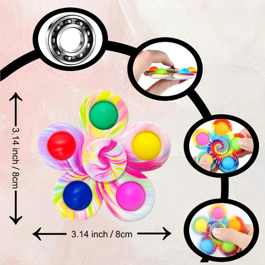 Thirty-Two-Piece Bubble Pop Fidget Spinner Assortment with Colorful Mixed Flower and Round Shapes