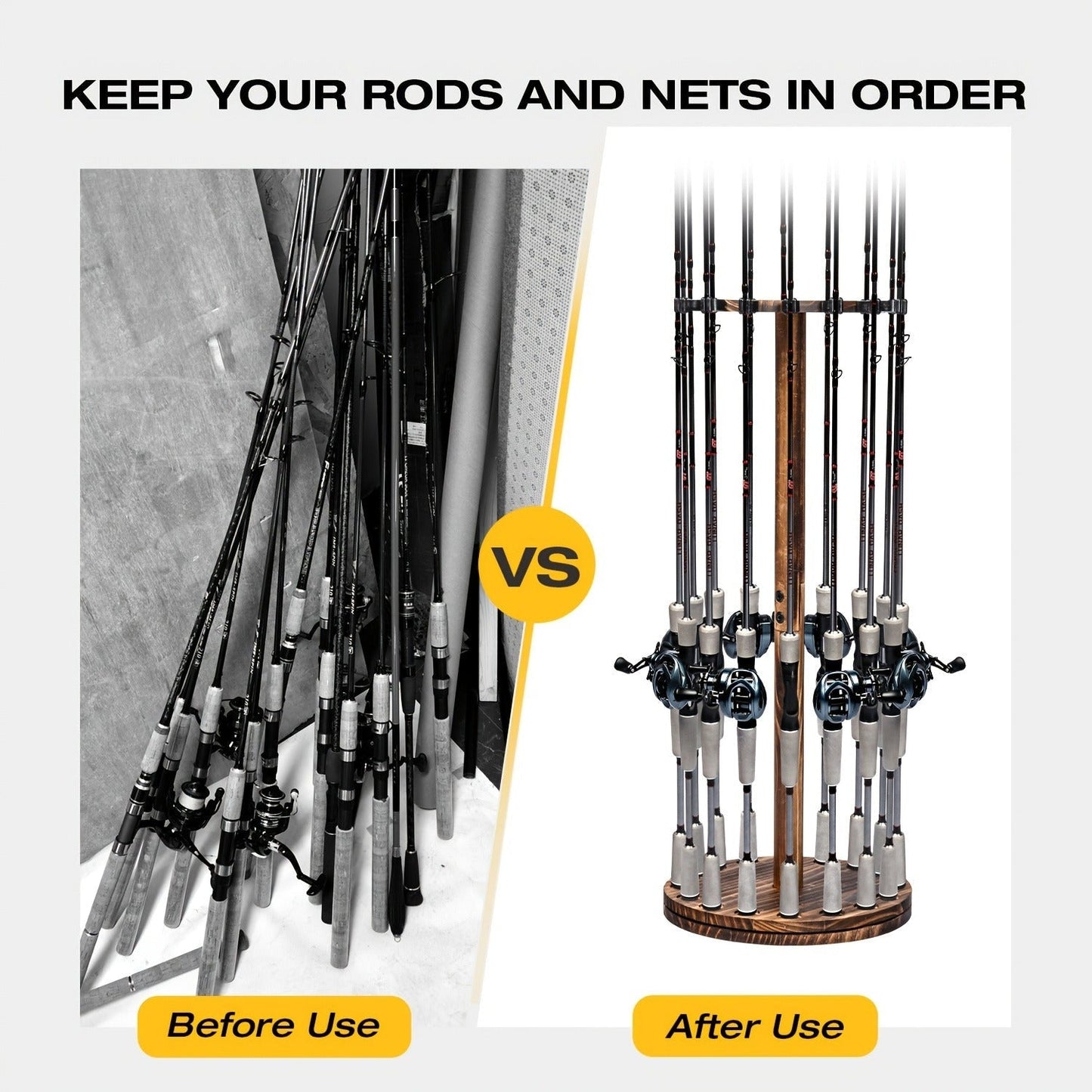 Fishing Rod Rack Holds 16 Rods – Circular Wooden Pole Holder with 360° Rotating Base Option – Space-Saving Wall-Free Fishing Rod Organizer