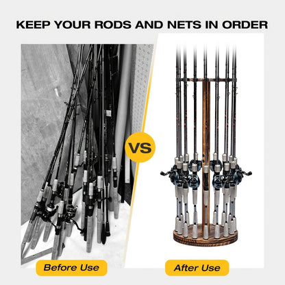 Fishing Rod Rack Holds 16 Rods – Circular Wooden Pole Holder with 360° Rotating Base Option – Space-Saving Wall-Free Fishing Rod Organizer