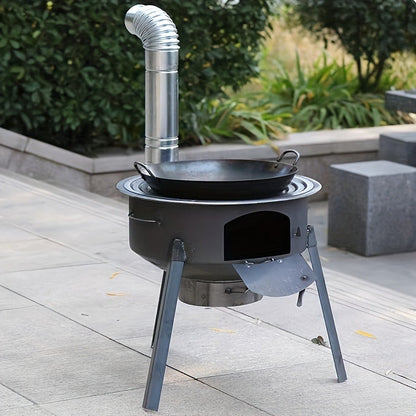 Round Wood-Burning Camp Stove Set with Chimney Pipe, Tripod Legs and 13.78- or 16.93-Inch Diameter Options