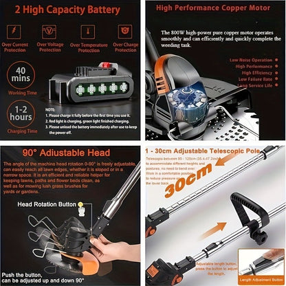 Cordless String Trimmer 24V 800W, Weed Wacker with 2 Batteries, Charger & 3 Blades, Adjustable Head