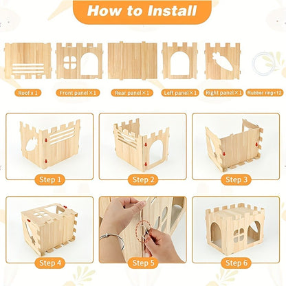 Wooden Rabbit Castle House – Detachable Solid Wood Hideout for Rabbits, Hamsters & Small Pets | Creative Splicing Toy Nest Playhouse