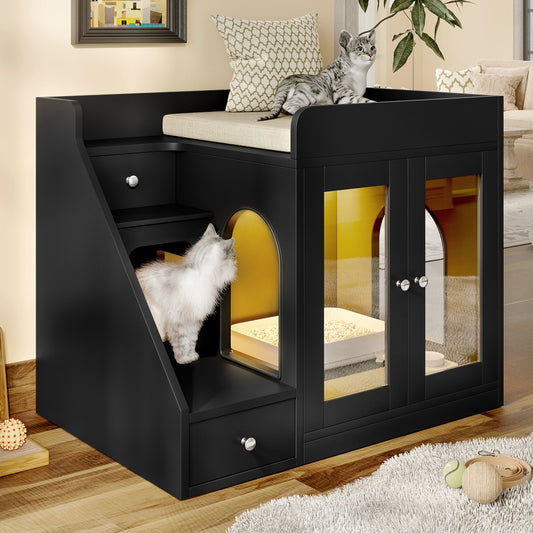 Cat Litter Box Enclosure Furniture Hidden Cabinet with LED Light & 2 Drawers – MDF Indoor Cat House Side Table with Acrylic Door