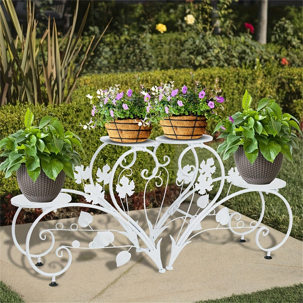 Two-Piece Half-Heart Metal Plant Stand Set with Four-Tier Pot Display for Garden, Patio or Home