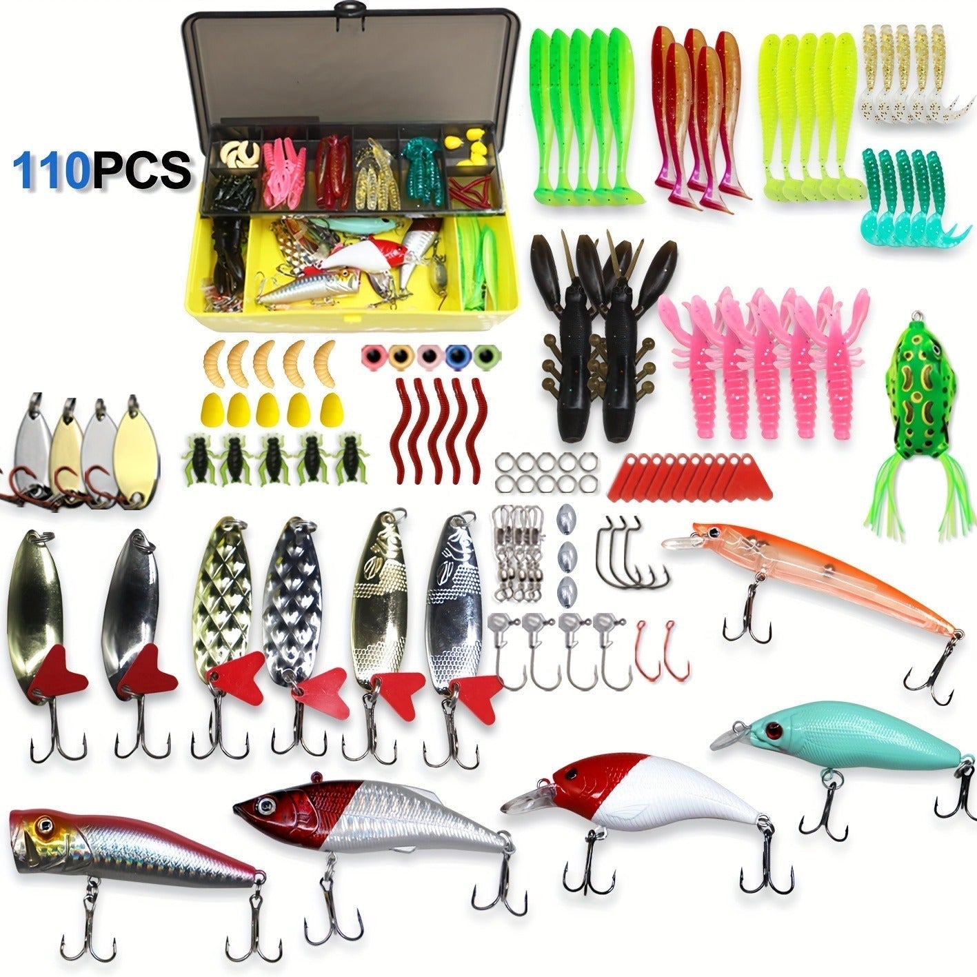 Fishing Lures Kit with Tackle Box – Mixed Plastic & Metal Baits, Hooks, Swivels & Jig Hooks (110/252/361pcs)