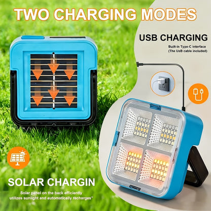 Solar Camping Lantern and Flashlight with COB Side Panels, Front Spotlights, Carry Handle and USB Port