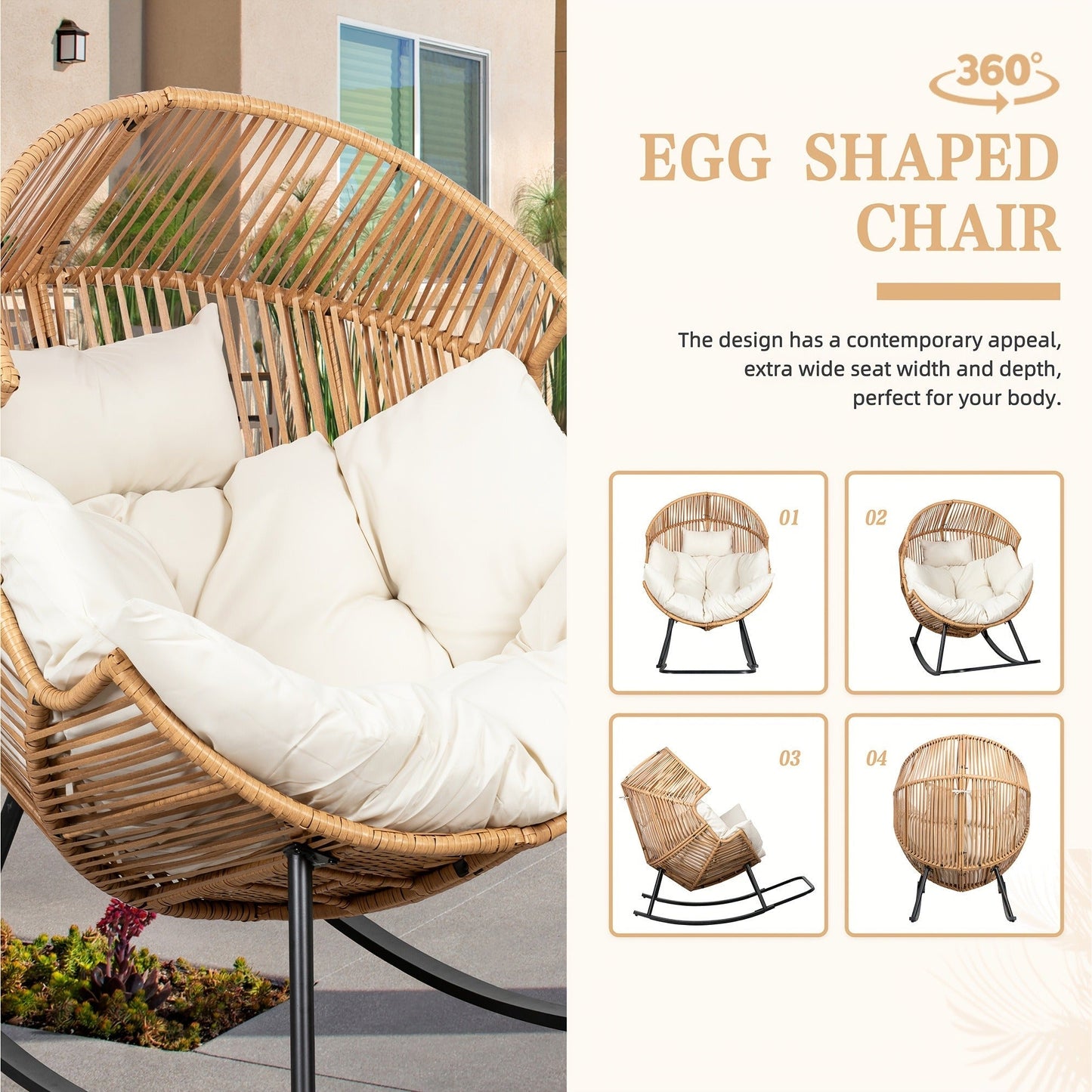 Egg Chair Outdoor Wicker PE Rattan Oversized Patio Lounge Chair with Cushion Rocking Egg Chair for Garden, Patio and Yard Use