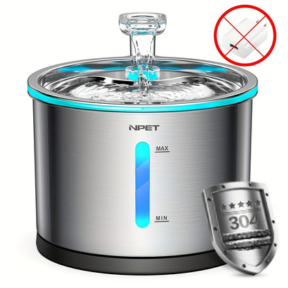 Cat Water Fountain Stainless Steel 50oz/1.5L – Ultra Quiet Auto Pet Water Dispenser with LED Light, Visible Window & Dishwasher Safe