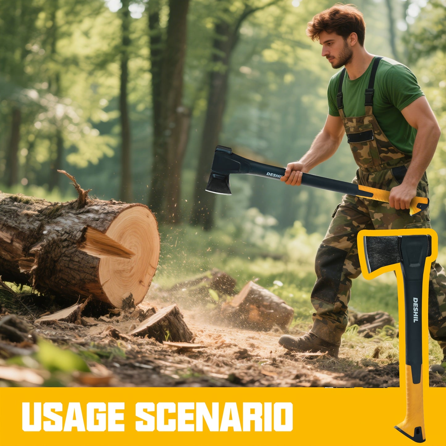 Carbon Steel Camping Hatchet Wood Splitting Axe – Teflon-Coated Forged Steel Blade, Shock-Absorbing Fiber Handle, Anti-Rust & Non-Slip