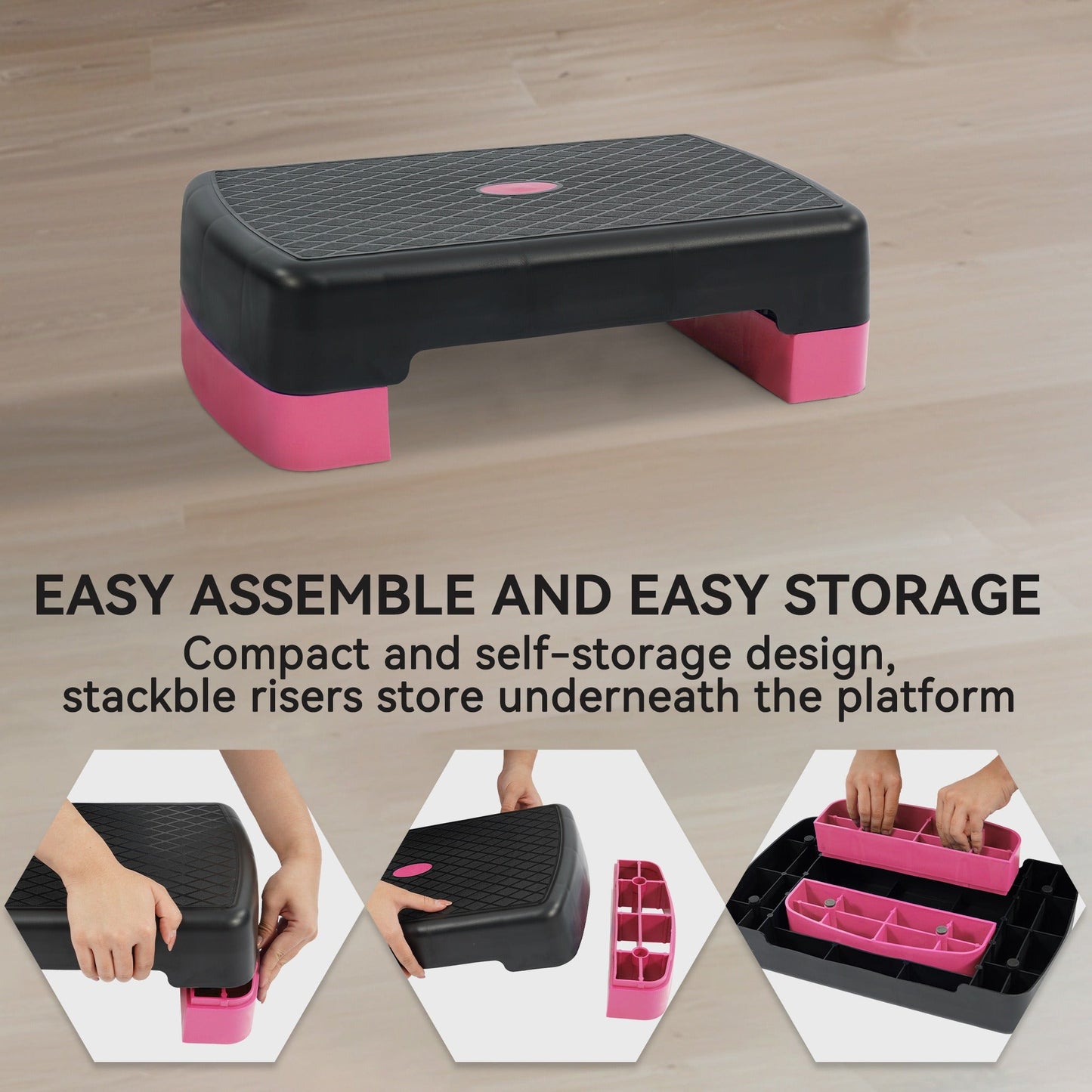 Aerobic Step Platform Adjustable Height with 2 Risers – Non-Slip Workout Stepper 18"x11", 440 LB Capacity
