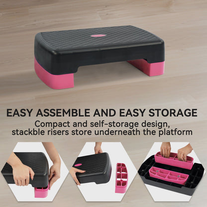 Aerobic Step Platform Adjustable Height with 2 Risers – Non-Slip Workout Stepper 18"x11", 440 LB Capacity