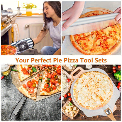Pizza Stone Set 7-Piece with Tools – Cordierite Baking Stone with Stainless Steel Peel Cutter Brush & Heat-Resistant Gloves | Crispy Crust