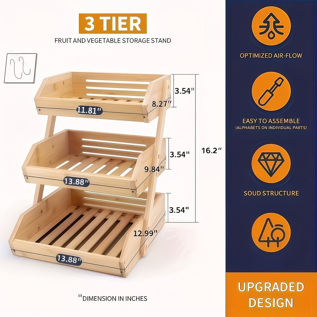 Fruit Basket Stand 2 & 3 Tier Wooden Countertop Organizer Large Capacity Kitchen Storage for Fruits Vegetables Bread Produce with Banana