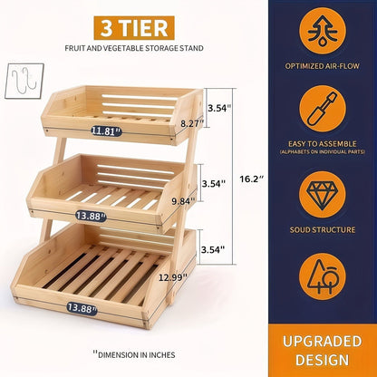 Fruit Basket Stand 2 & 3 Tier Wooden Countertop Organizer Large Capacity Kitchen Storage for Fruits Vegetables Bread Produce with Banana
