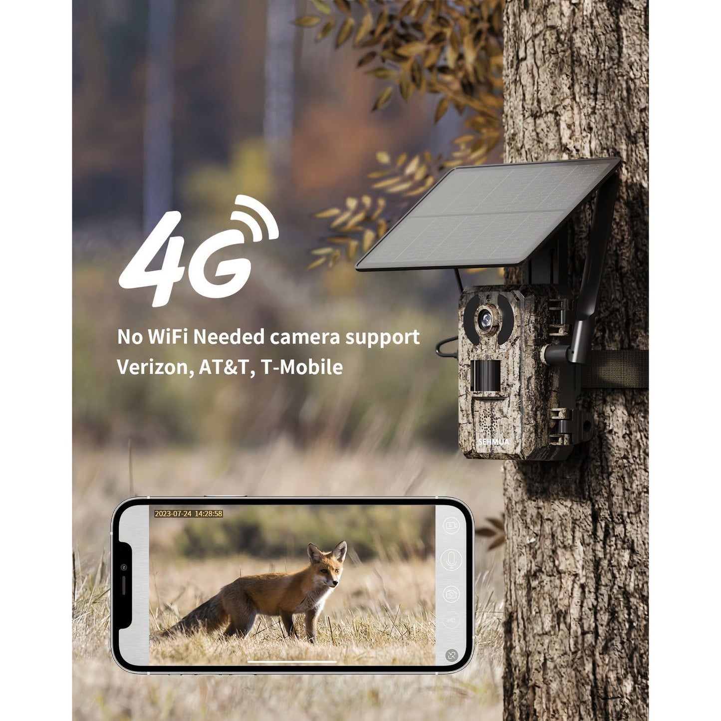 Solar Powered Trail Camera 4K Cellular – 4G LTE No WiFi, 0.2s Trigger, 82ft Night Vision, 120° Wide Angle