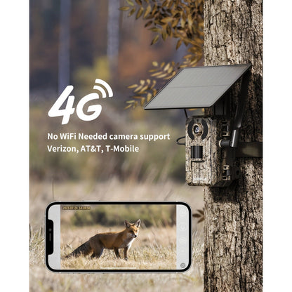 Solar Powered Trail Camera 4K Cellular – 4G LTE No WiFi, 0.2s Trigger, 82ft Night Vision, 120° Wide Angle