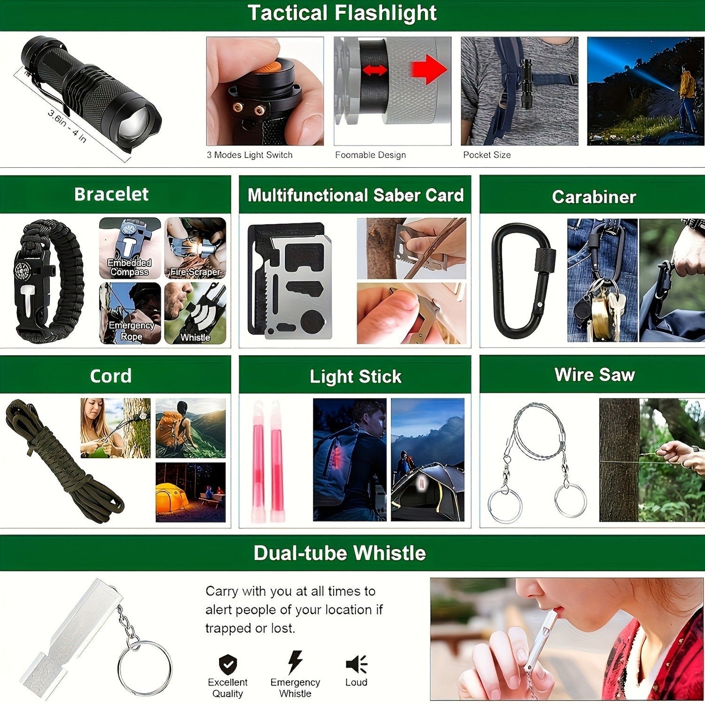 37-in-1 Black Outdoor Tool Kit with Fire-Starting Accessories, Whistle, Compass and Storage Case