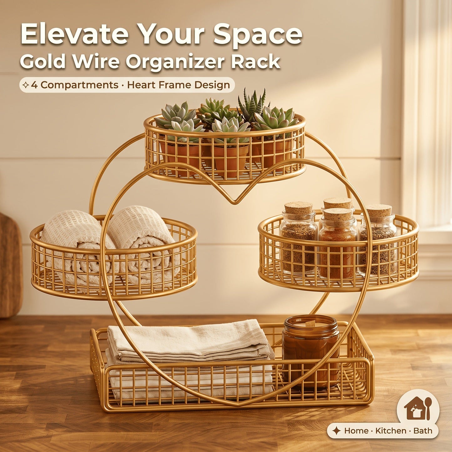 Three-Tier Gold-Tone Wire Fruit Basket with Three Round Bowls and Rectangular Countertop Base