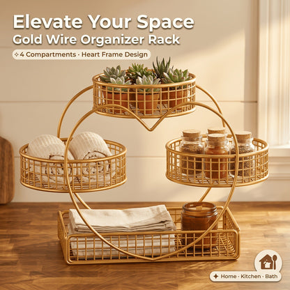 Three-Tier Gold-Tone Wire Fruit Basket with Three Round Bowls and Rectangular Countertop Base