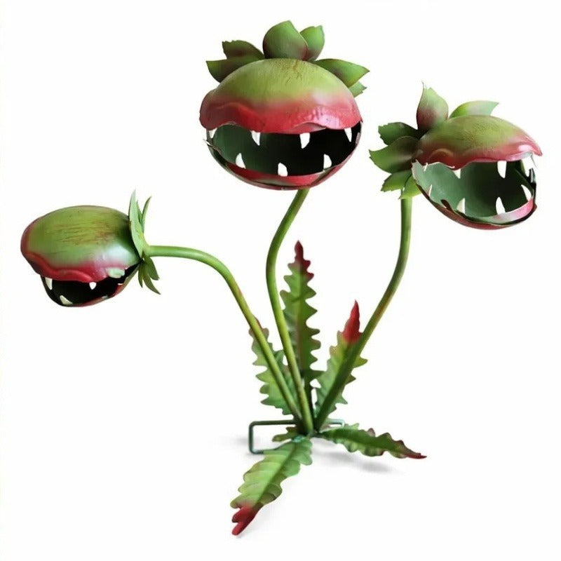 3D Metal Garden Sculpture Plaque – Scary Three-Head Flower Eating Monster Outdoor Lawn Decoration