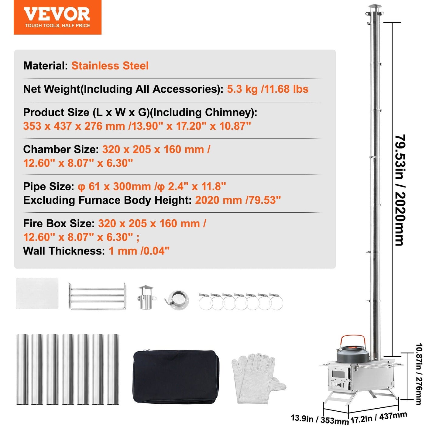 Wood Stove Camping Tent Stove 80 Inch Stainless Steel, 700in³ Firebox, 8 Accessories, BBQ Grill Plate