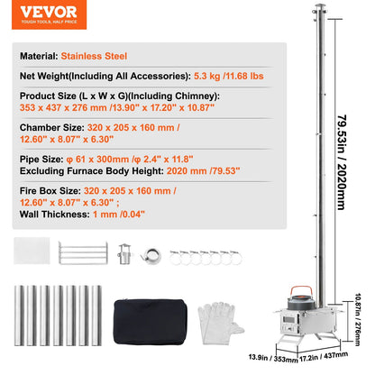 Wood Stove Camping Tent Stove 80 Inch Stainless Steel, 700in³ Firebox, 8 Accessories, BBQ Grill Plate