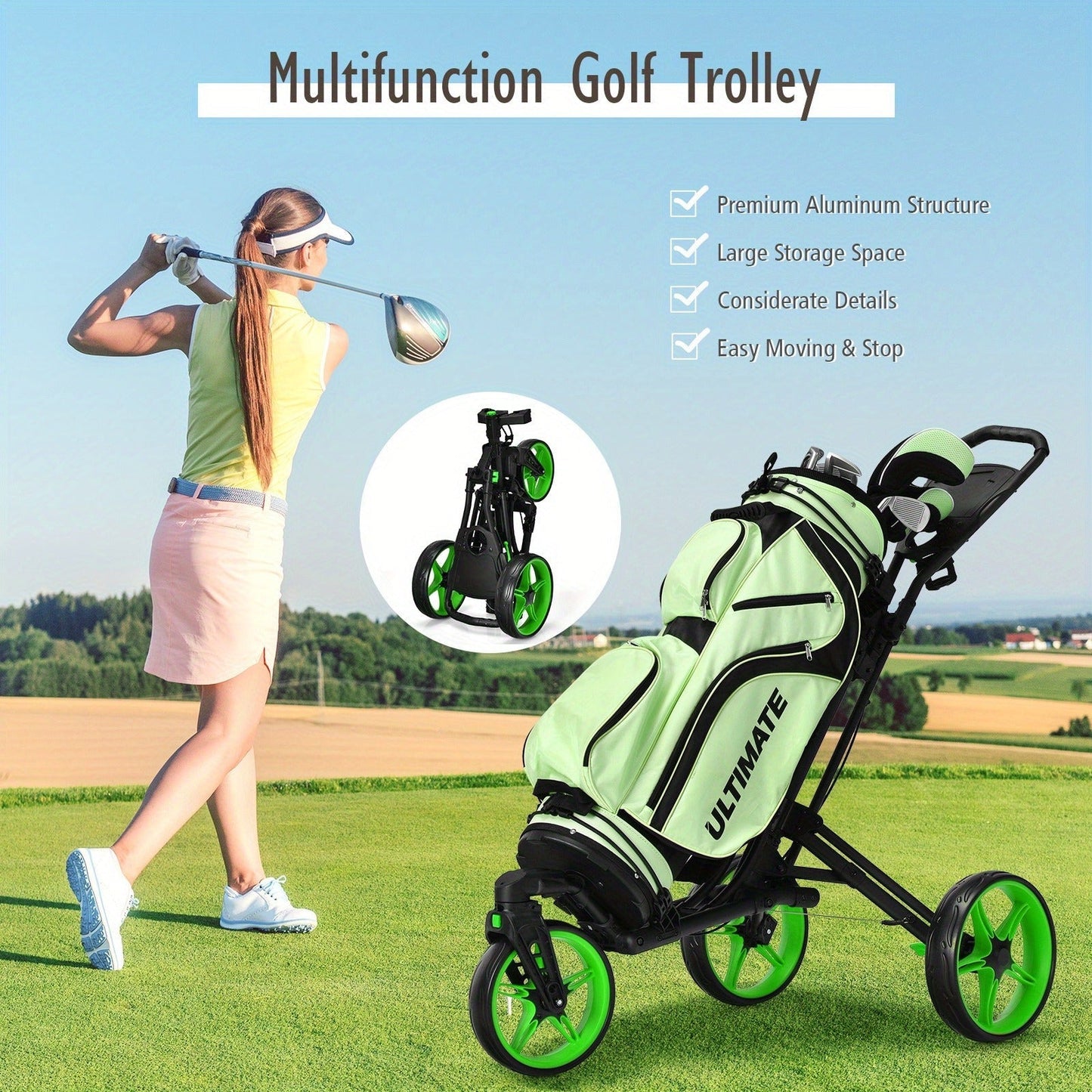Golf Push Cart 3 Wheel Folding – Lightweight Aluminum Golf Trolley with Scoreboard, Adjustable Handle & Swivel Front Wheel