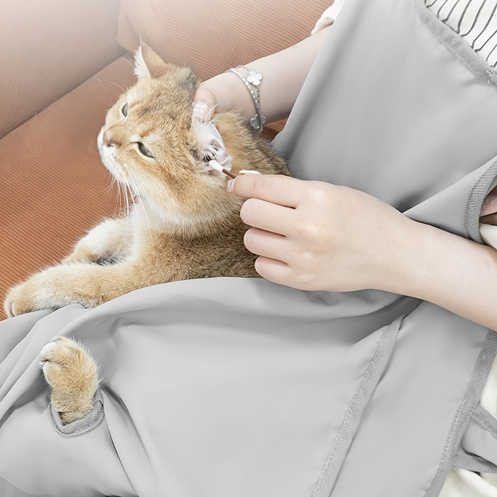 Cat Grooming Apron Restraint Bag with 4 Fixed Holes – Breathable Anti-Scratch Cat Bathing Bag for Nail Trimming, Ear Cleaning & Grooming