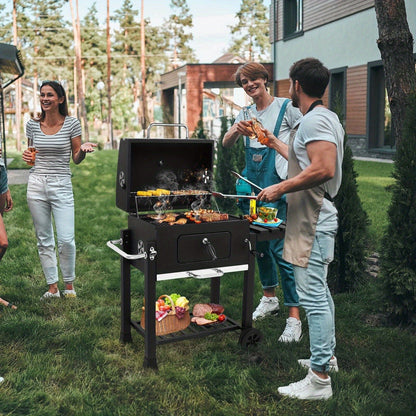 Cart Charcoal Grill with Adjustable Pan, Lid, Wheels, Lower Rack, Thermometer and Folding Side Shelf