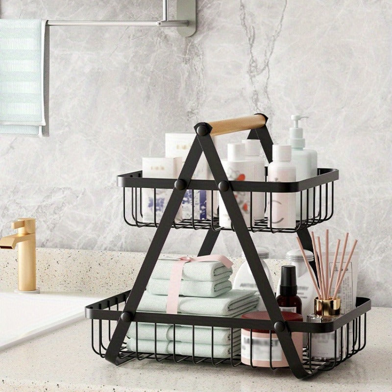Two-Tier Black Wire Fruit Basket with Wood-Look Carry Handle and 12.2-Inch Countertop Frame