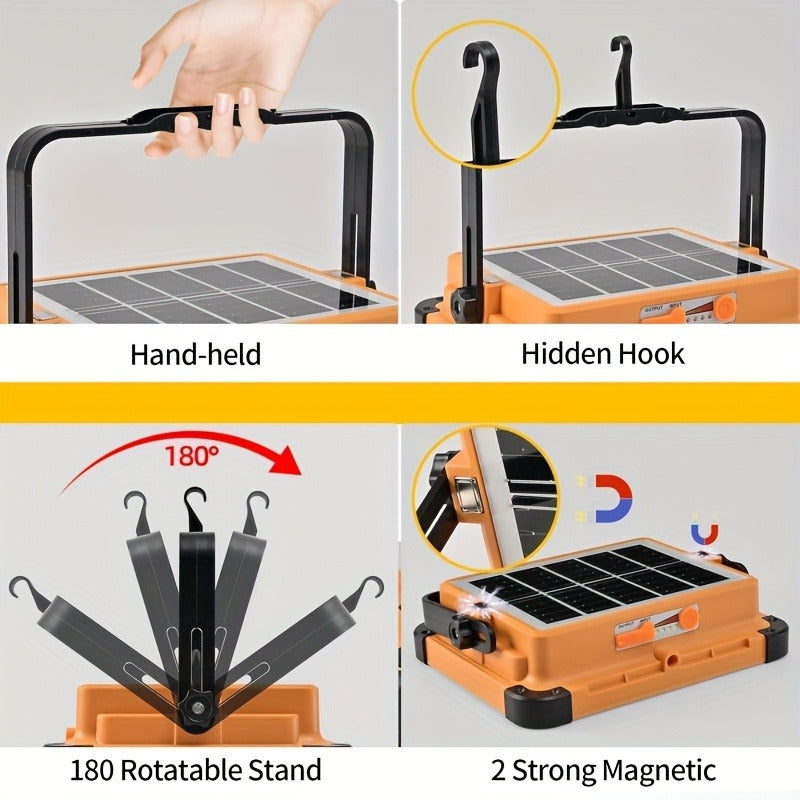 Solar LED Work Light with Magnetic Hook – 2000 Lumen Rechargeable Camping Light, Adjustable Brightness, Solar & USB-C Dual Charging