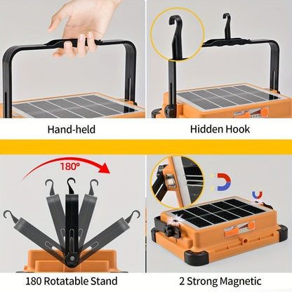 Solar LED Work Light with Magnetic Hook – 2000 Lumen Rechargeable Camping Light, Adjustable Brightness, Solar & USB-C Dual Charging