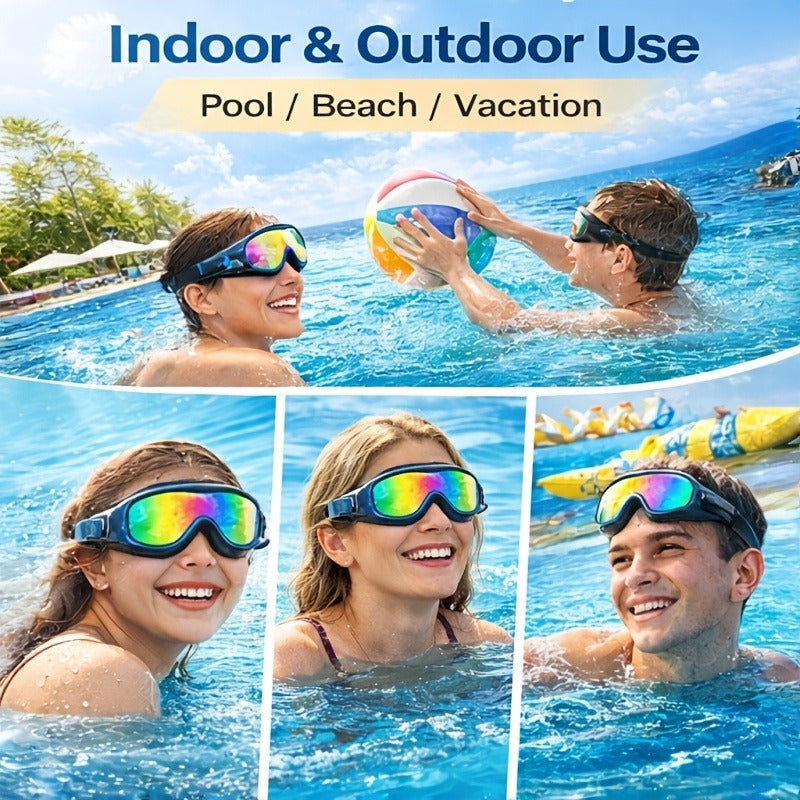Two-Pack Wide-Lens Swim Goggles with Mirrored Blue-Green Lenses, Adjustable Straps, Case and Accessories
