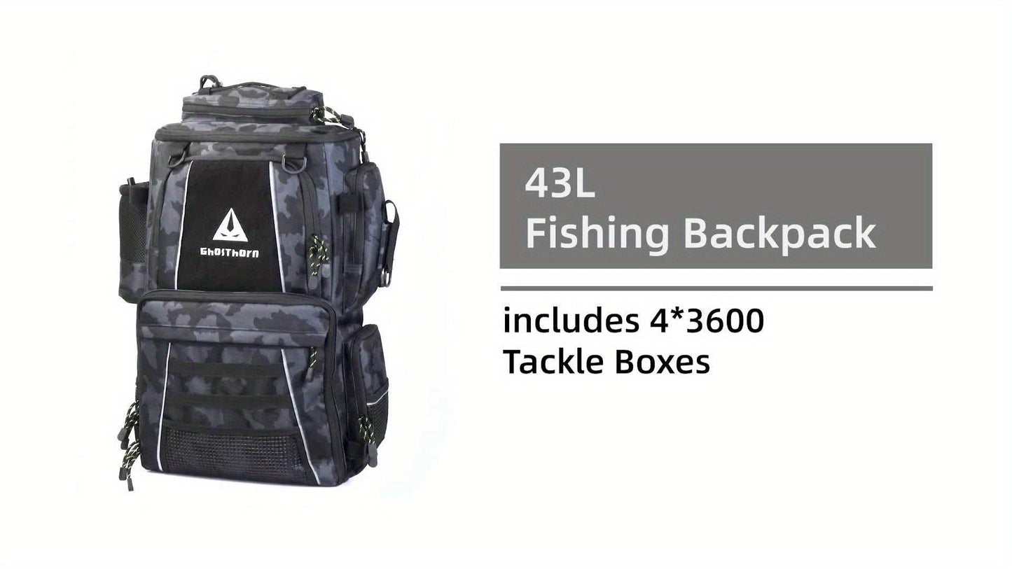 Large Fishing Tackle Bag with 4 Tackle Boxes – 43L Backpack with Rod Holder, Detachable Waist Pack & Gear Storage for Men Women | Black