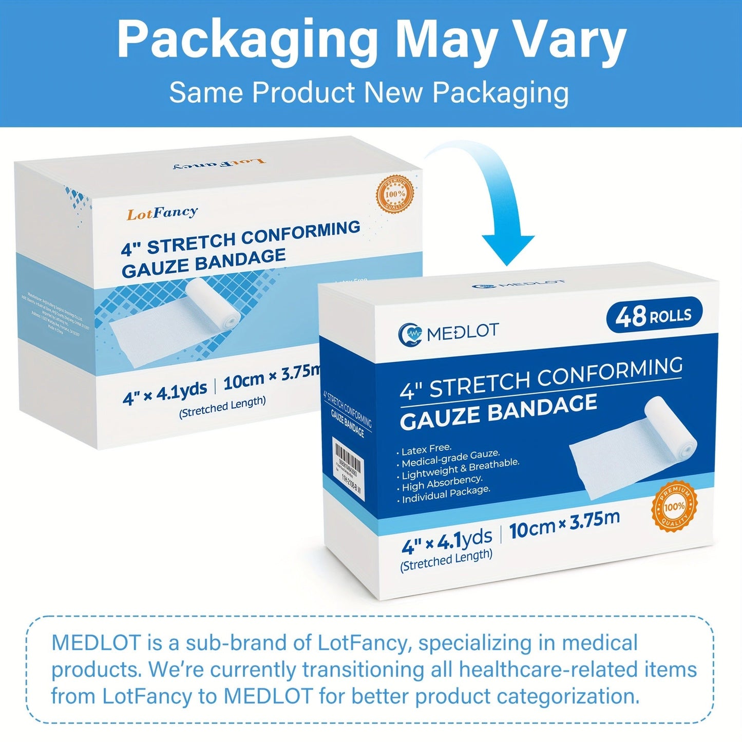 Stretch Conforming Gauze Roll Box with 48 Individually Wrapped 4-Inch by 4.5-Yard White Bandages