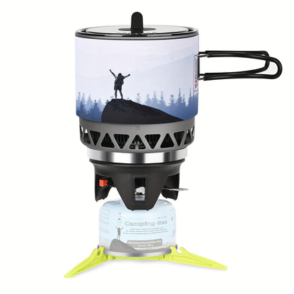 Backpacking Stove Cooking System with Pot Piezo Ignition 1KW Isobutane Burner 1.2L Pot Brackets Included for Garden, Patio and Yard Use