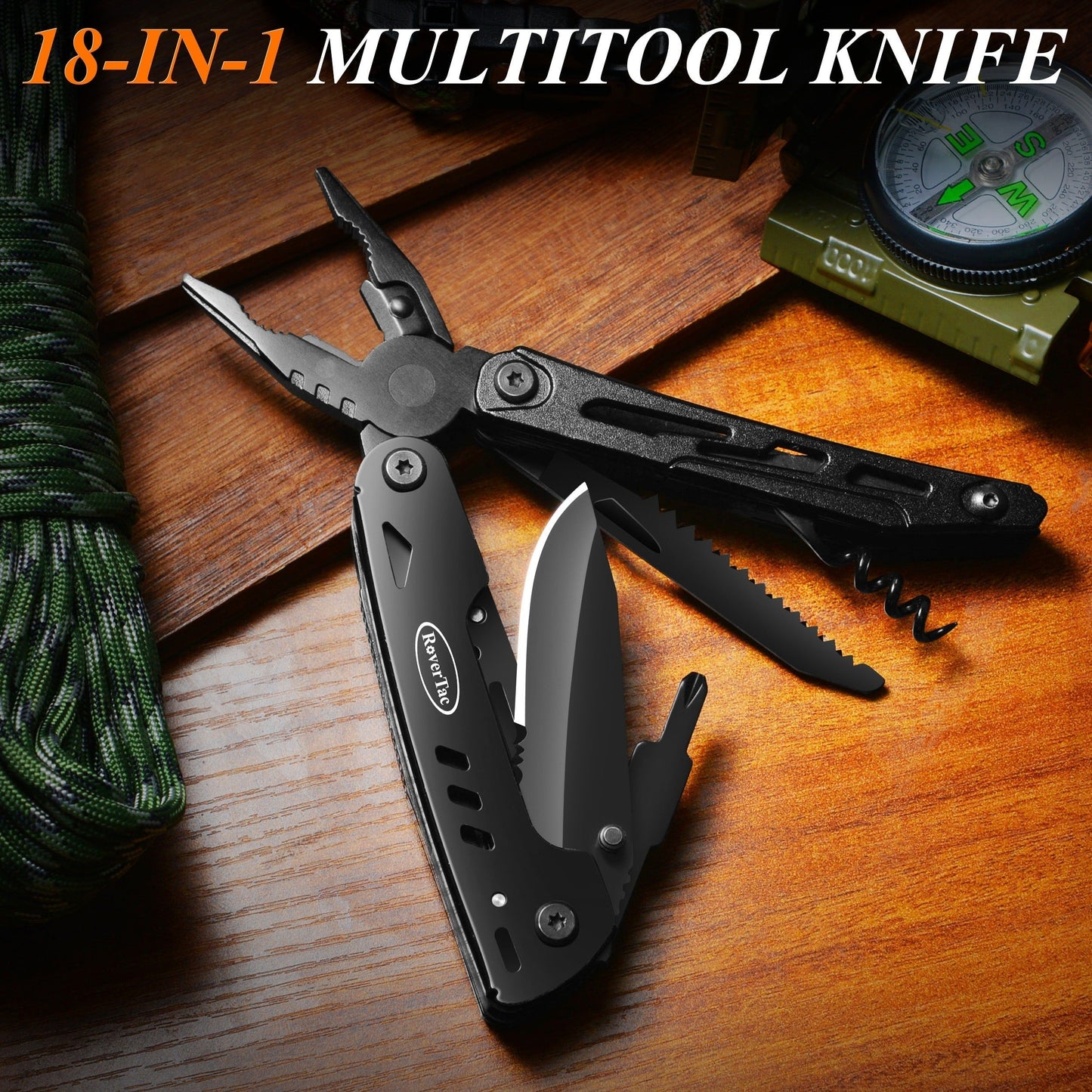 18-in-1 Stainless Steel Multitool Pocket Knife – Pliers, Scissors, Saw, Corkscrew & 9 Screwdrivers with Safety Lock & Nylon Sheath