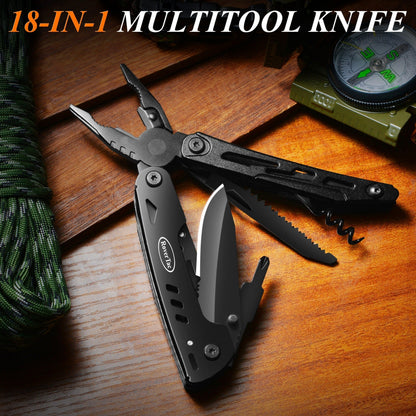 18-in-1 Stainless Steel Multitool Pocket Knife – Pliers, Scissors, Saw, Corkscrew & 9 Screwdrivers with Safety Lock & Nylon Sheath
