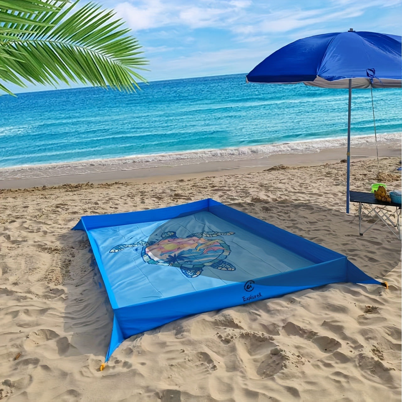 Sand-Wall Beach Mat with Four Stakes and Carry Bag, 140 x 220cm in Six Printed Styles for Outdoor Picnics