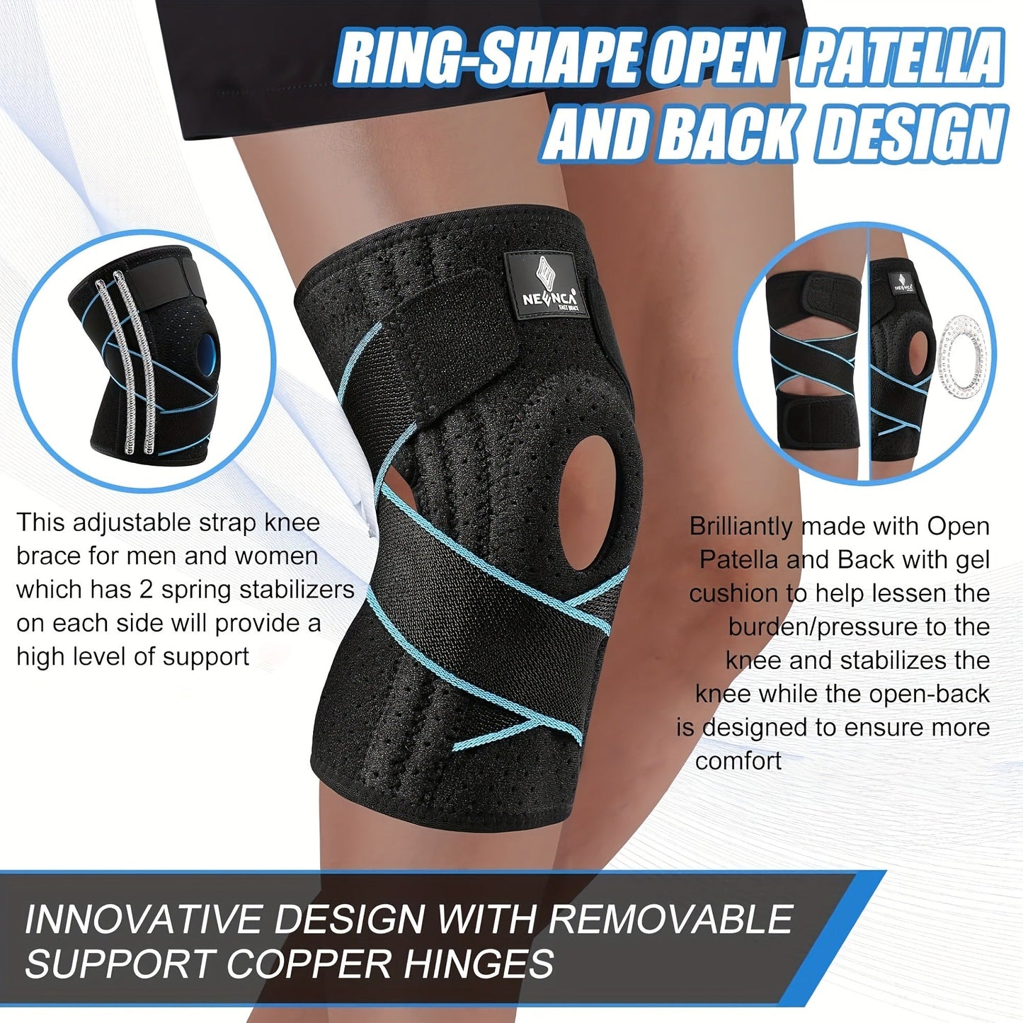 Knee Brace with Patella Gel Pad & Side Spring Stabilizers – Adjustable Compression Knee Support Wrap for Sports Running Workouts Camping