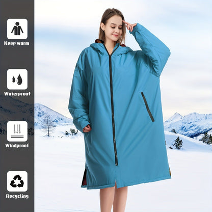 Changing Robe Fleece Lined Hooded – Long Sleeve Windproof Warm Surf Poncho for Swimming, Surfing, Diving, Camping & Hiking – 43.3x31.5in