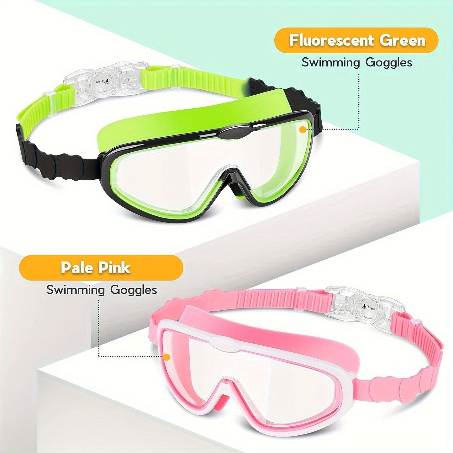 Youth Swimming Goggles with 5.51-Inch Clear Lens Frame, 18.8-25-Inch Adjustable Strap and Green or Green-Pink Options