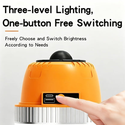 Orange Hanging Camping Lantern with Three Brightness Settings, Type-C Charging Port and Integrated Hook