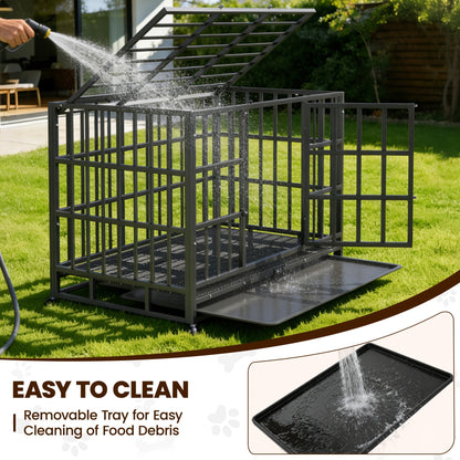 Heavy Duty Escape-Proof Dog Crate with Wheels & Removable Tray – Double Door Indoor Kennel for Large & XL Dogs | 42IN & 48IN
